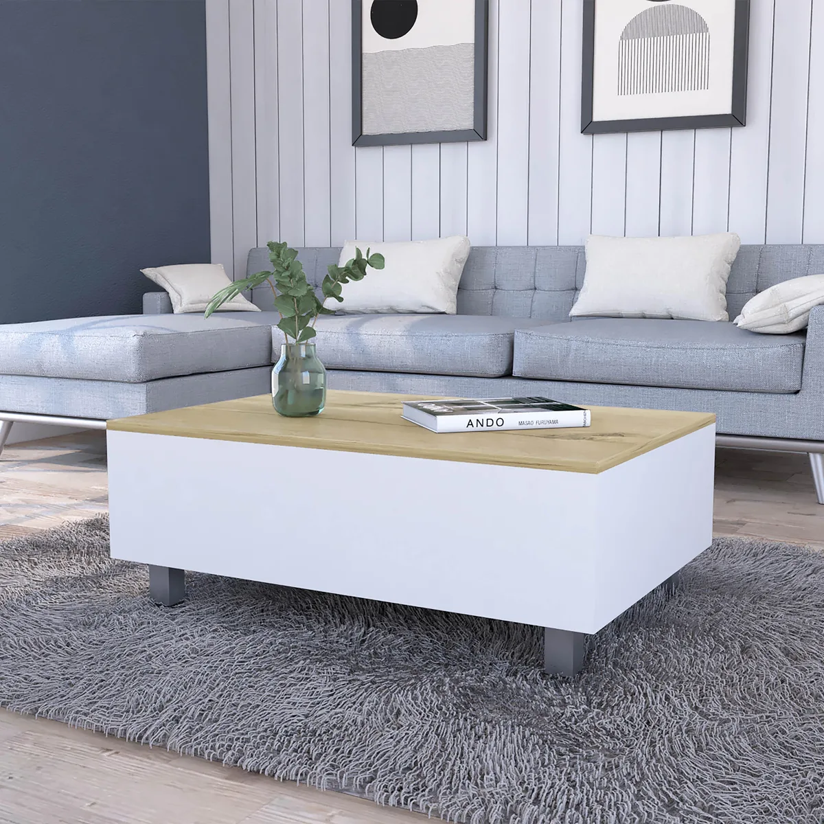 Square multicolor engineered wood coffee table with lift top and locking wheels