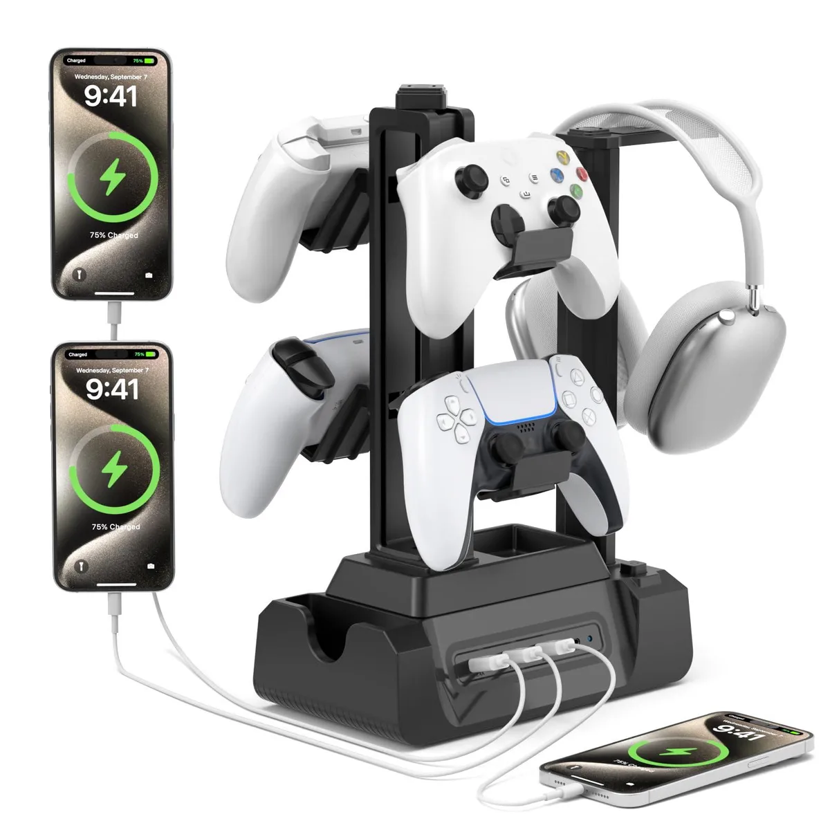  KDD KDD-795 4-Port USB Charging Station with Controller and Headset Stand - Black — product photo