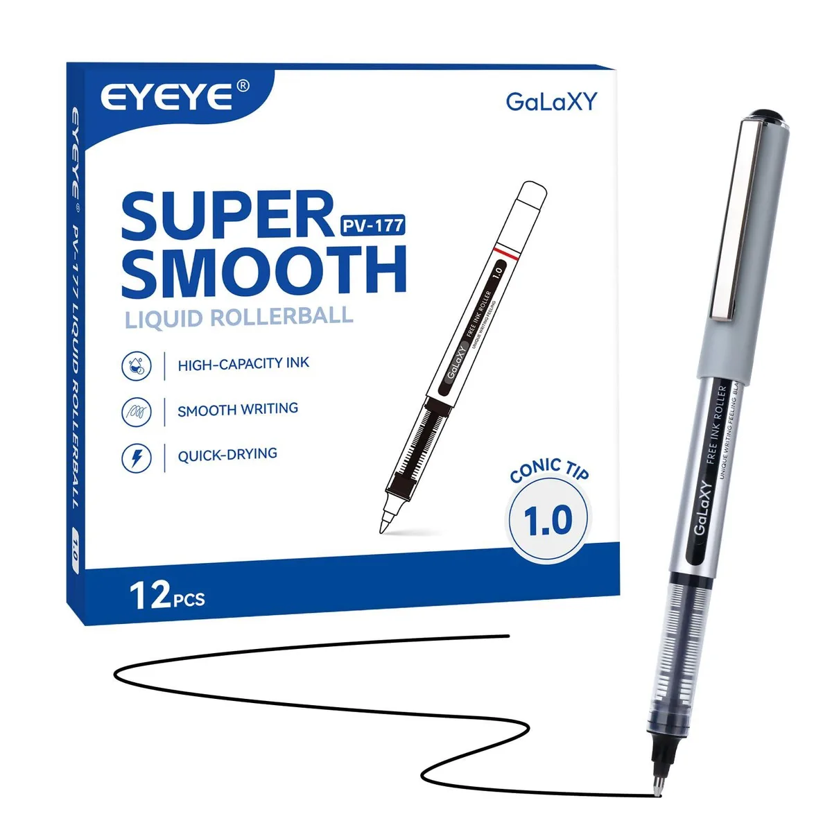 Twelve black rollerball pens with plastic barrels, 1.0 mm tip