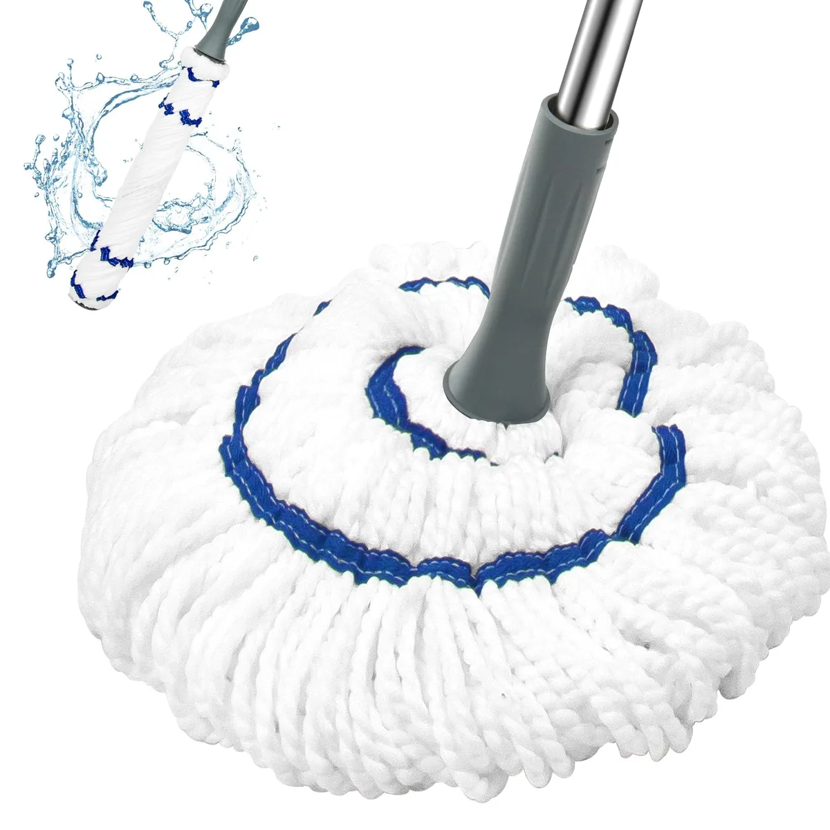 White microfiber mop head on extendable metal handle with plastic grip and ratchet wringer