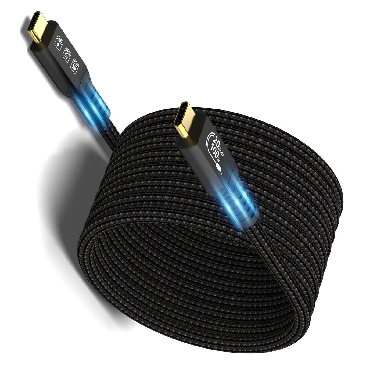 Six-metre black braided USB-C cable with gold-plated male connectors on both ends
