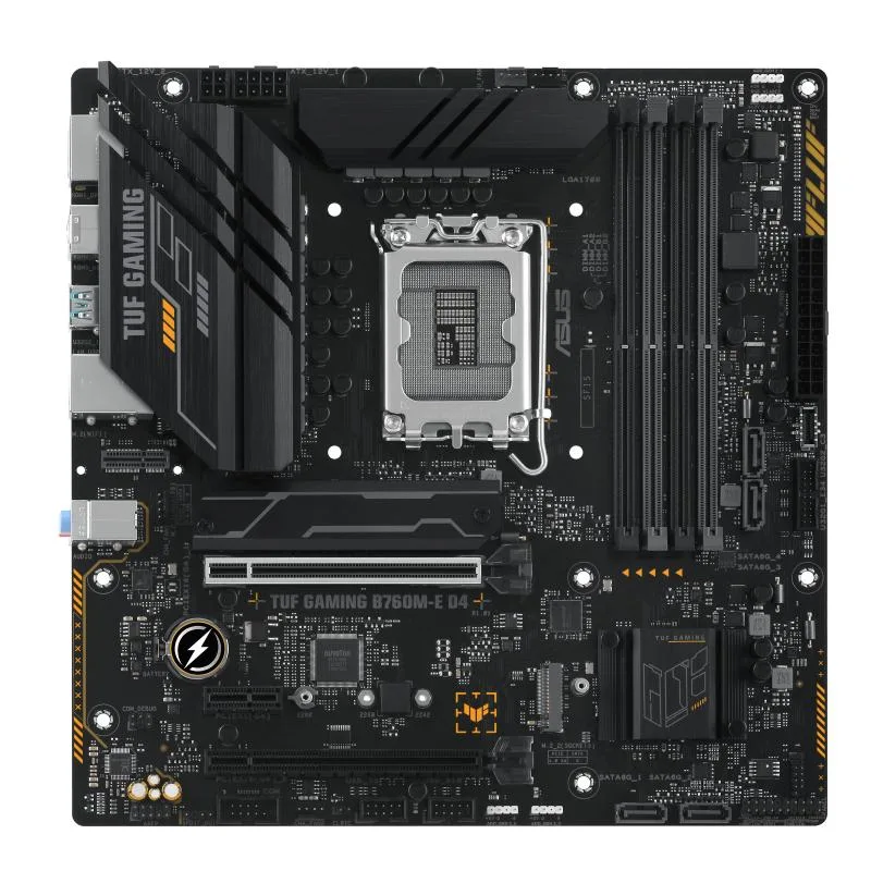 Rectangular mATX motherboard, dark grey finish with yellow accents, metal-reinforced PCIe slot, large VRM heatsinks