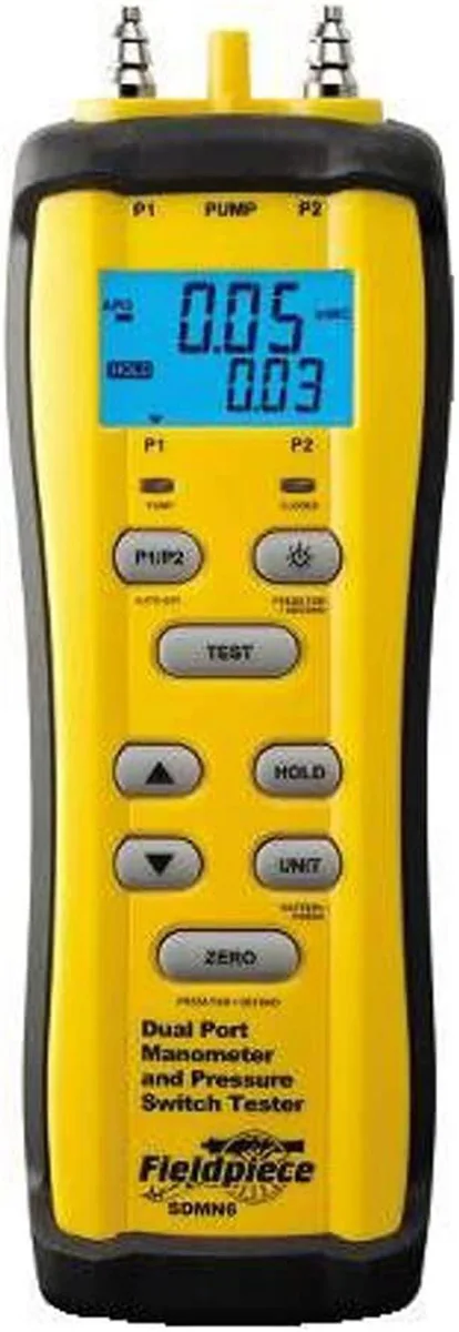 Fieldpiece SDMN6 dual-port manometer with rubber boot and magnetic hanger