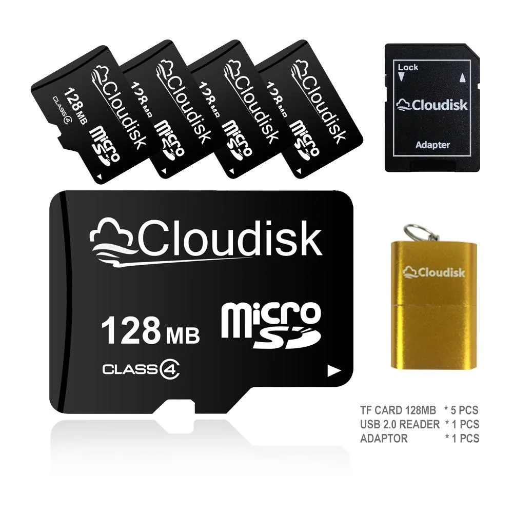 Five tiny microSD cards, a black SD adapter and a silver USB flash drive