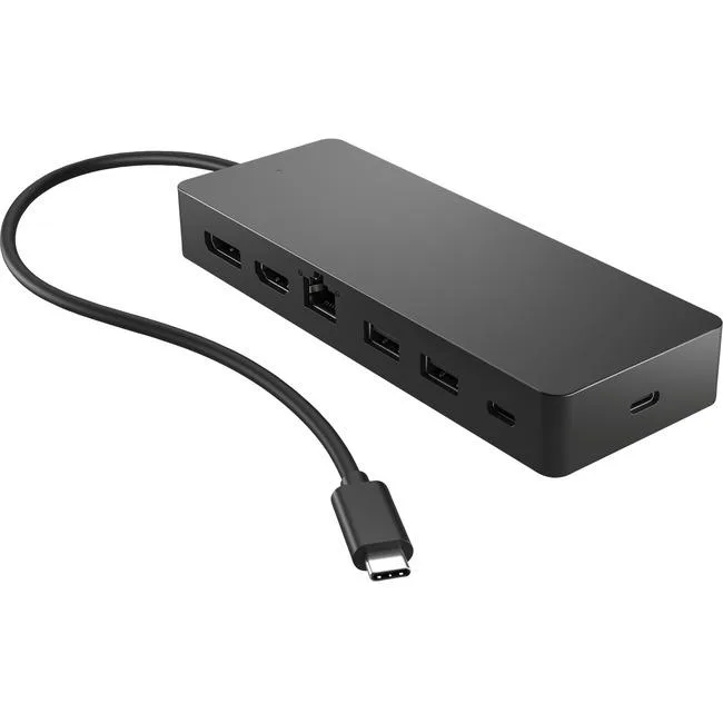 Compact black USB-C hub with HDMI, DisplayPort, Ethernet and USB-A ports