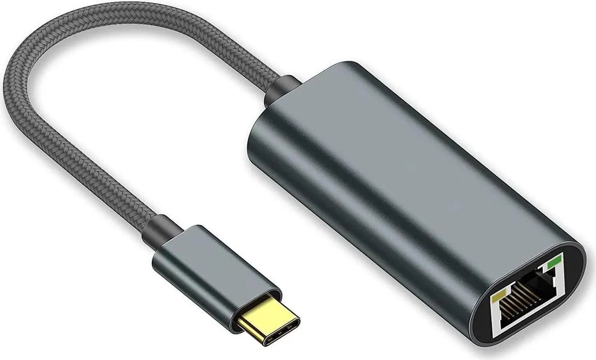 Small USB-C to RJ45 adapter with braided cable and aluminium housing