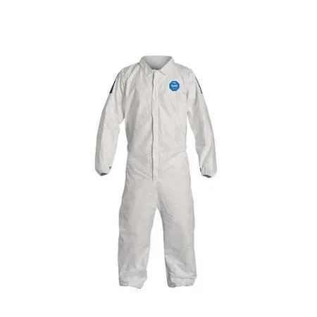 Blue-white collared Tyvek 400 coverall with elastic cuffs and ankles, front zipper under storm flap