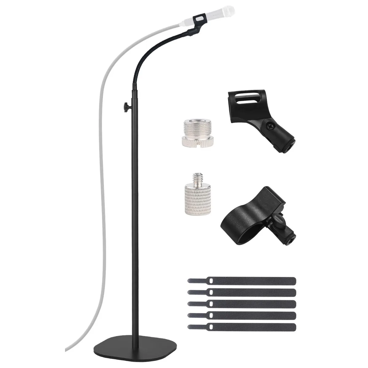 Black floor microphone stand with bendable gooseneck and square heavy base, height adjustable 36 to 66 inches