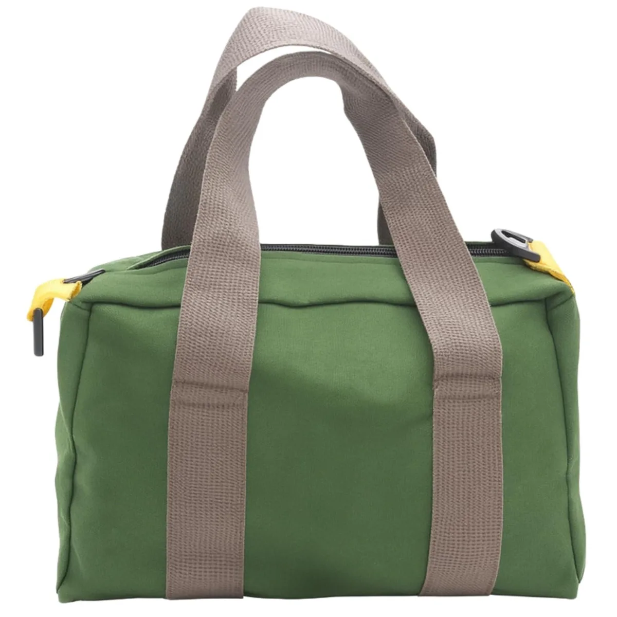 Green canvas tool bag, 12 inch wide mouth, zipper top, carry handles