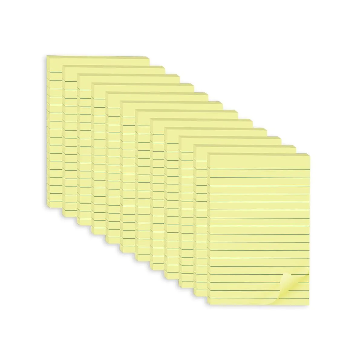 Twelve yellow lined sticky note pads, each 4 by 6 inches