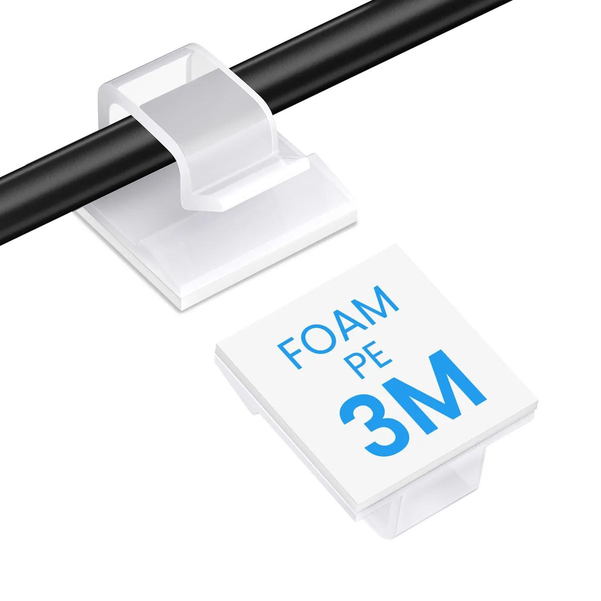 Thirty small clear plastic adhesive cable clips on backing sheet
