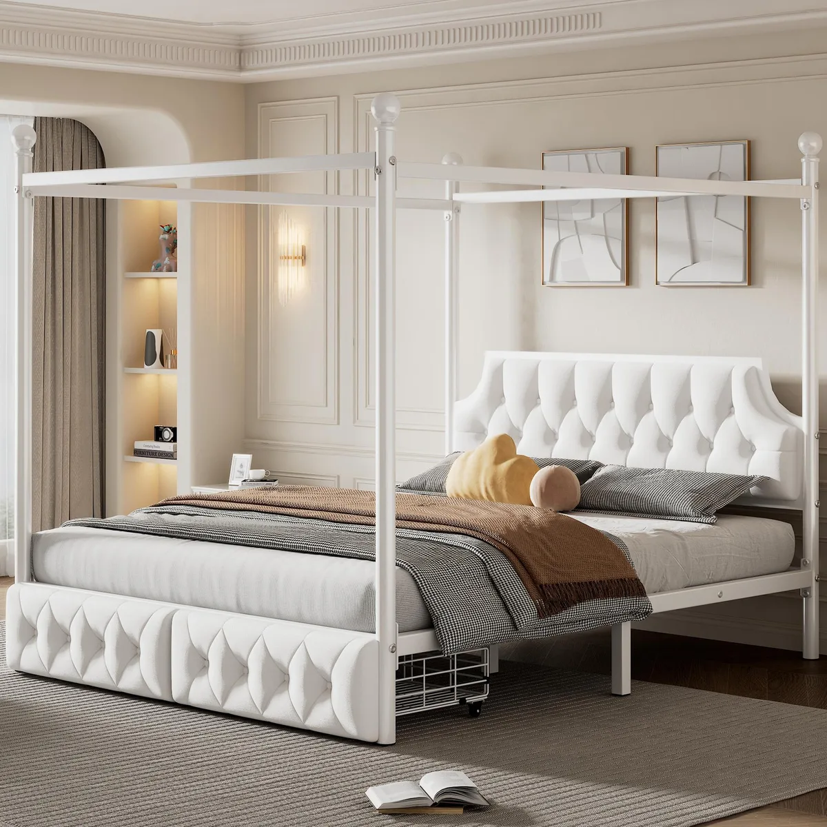 tuphen tuphen Queen Metal Canopy Platform Bed with Upholstered Headboard, Two Storage Drawers, White — product photo