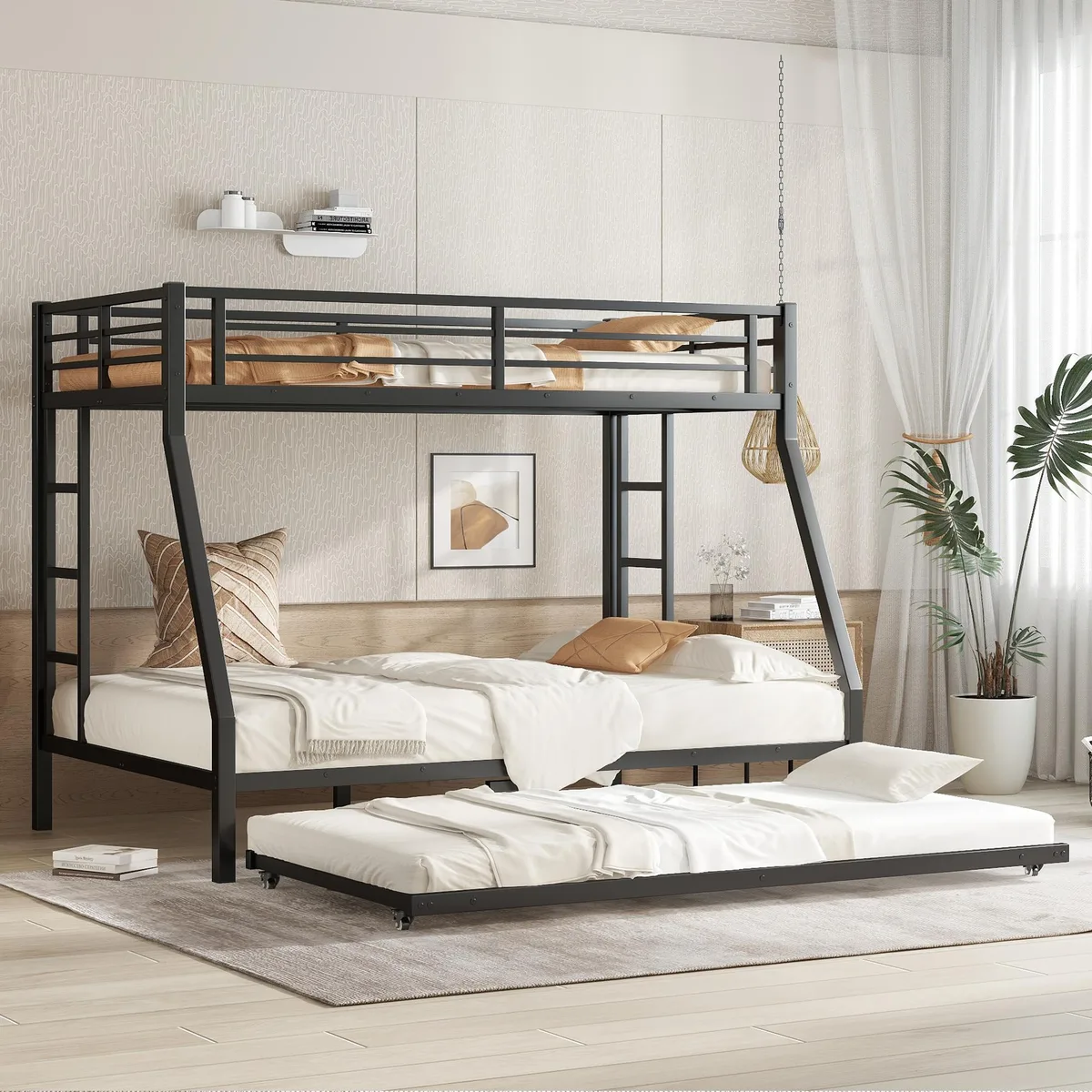 Black metal twin-over-full bunk bed with trundle, 38 slats, 9.8 inch under-bed clearance
