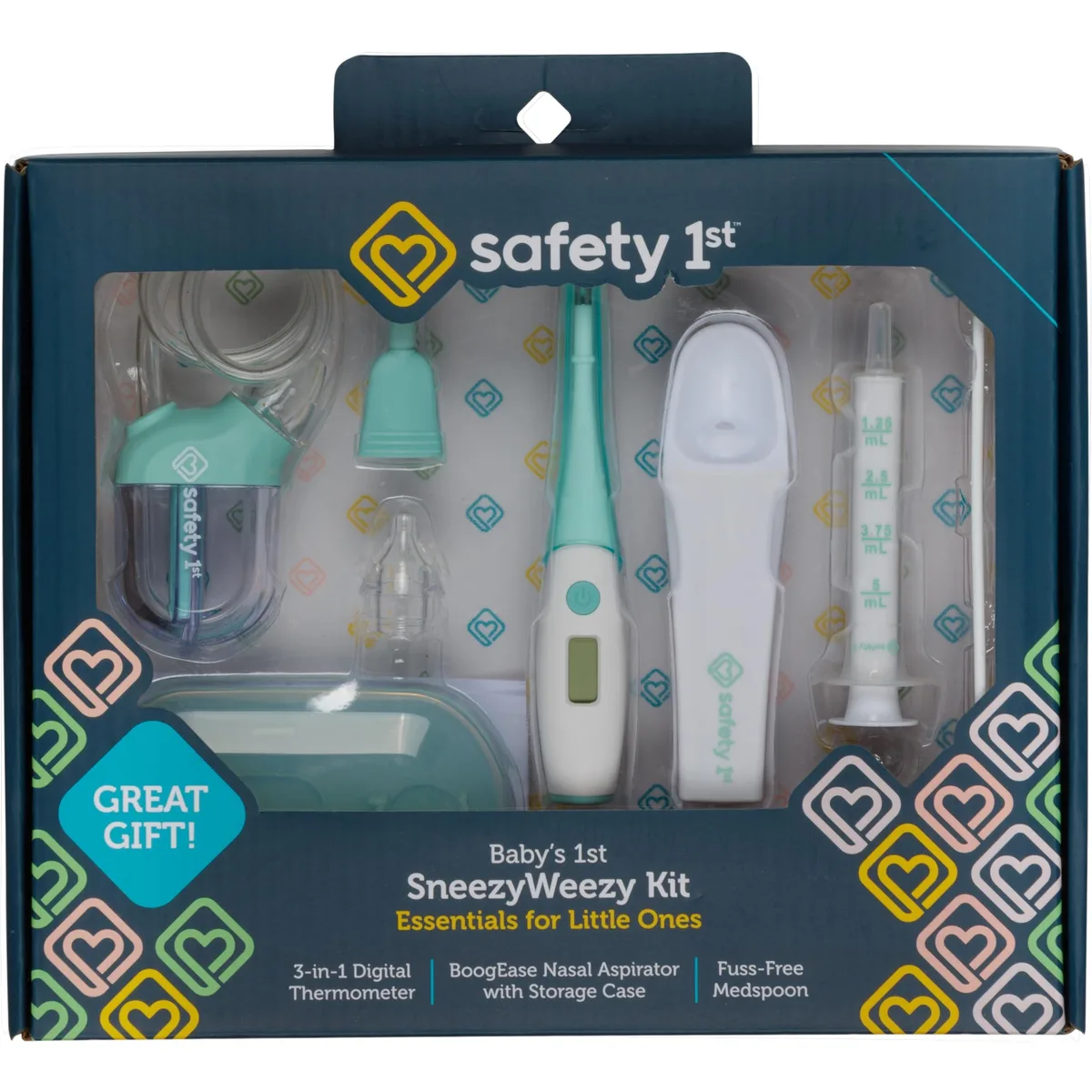 Transparent baby care kit with nasal aspirator, digital thermometer, medicine spoon and syringe in storage case