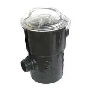 White plastic basket strainer with threaded NPT ports
