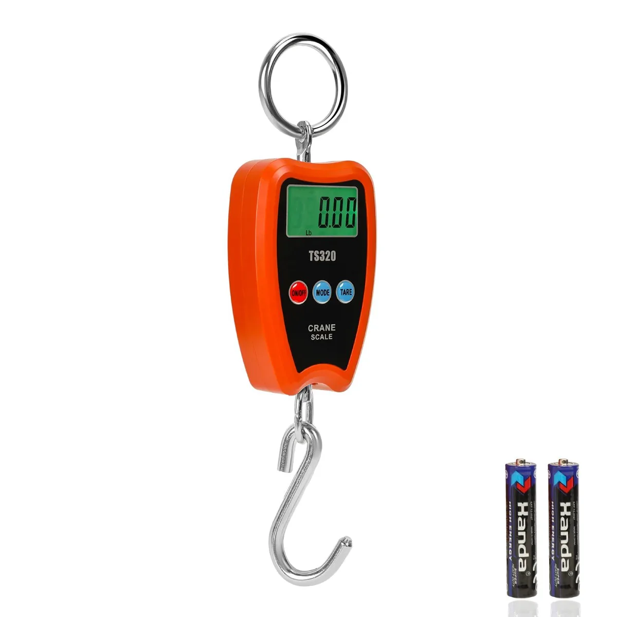 Orange handheld digital crane scale with LED display and stainless steel hook