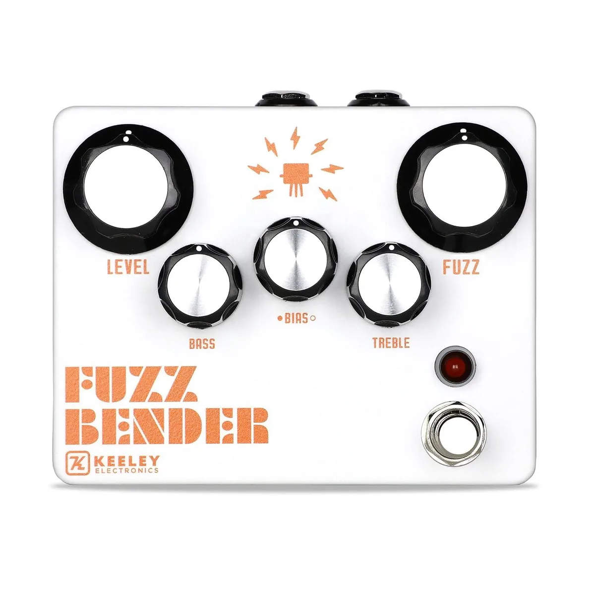 White guitar effects pedal with five large knobs