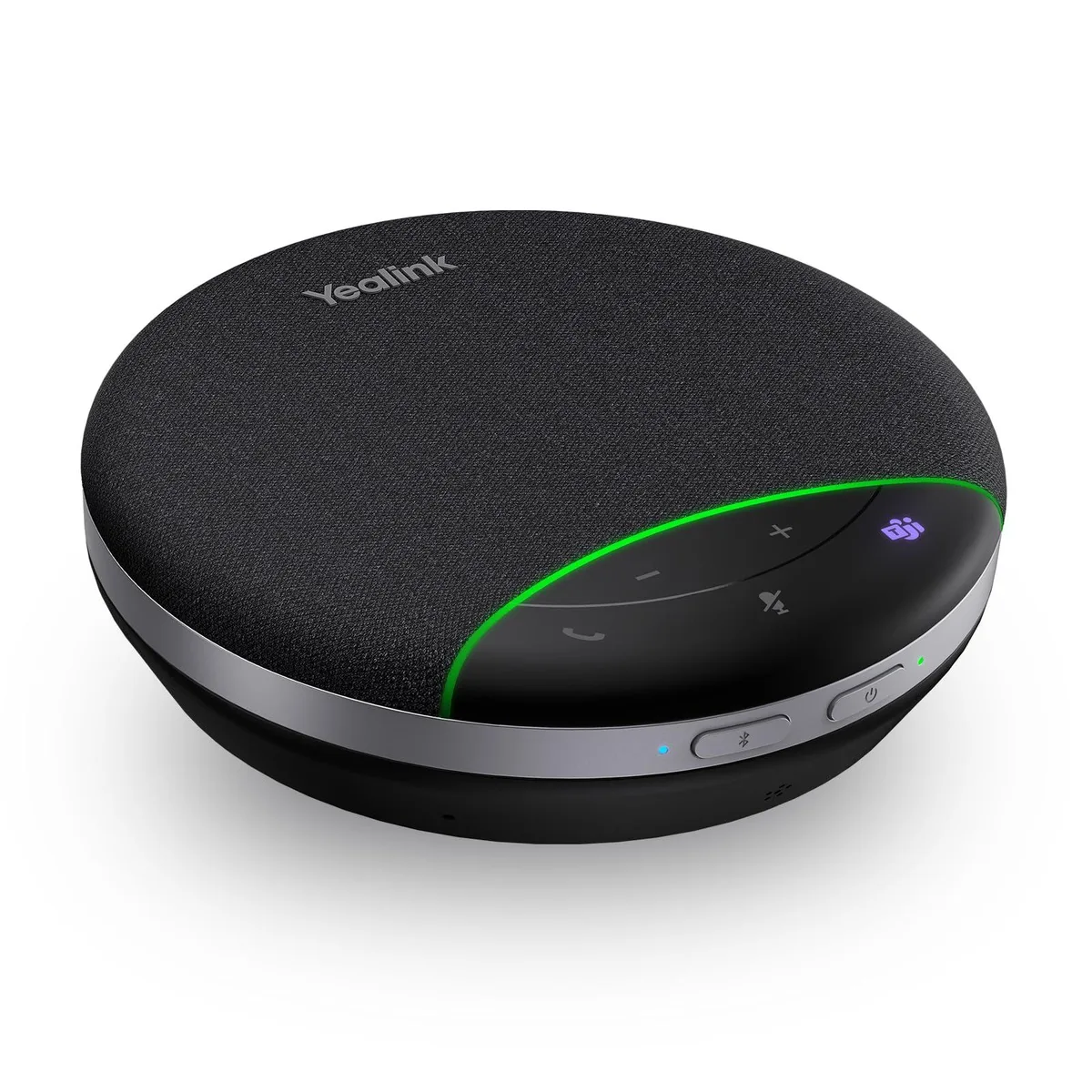 Compact round USB speakerphone with matte finish and integrated controls