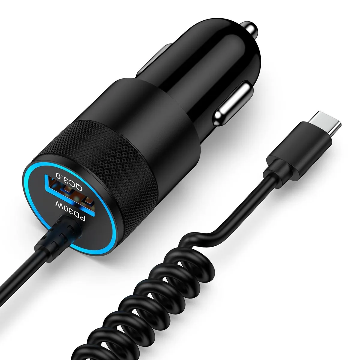 No Sew No Sew 48W Dual-Port Car Charger 30W USB-C 2.8ft Coiled Cable 18W USB-A — product photo