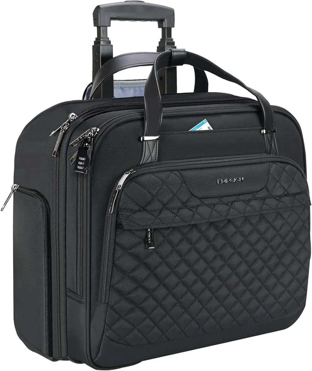Black rolling laptop bag with telescoping handle and two wheels, polyester canvas finish