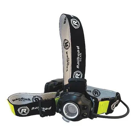 Black plastic LED headlamp with adjustable strap, three AA batteries included