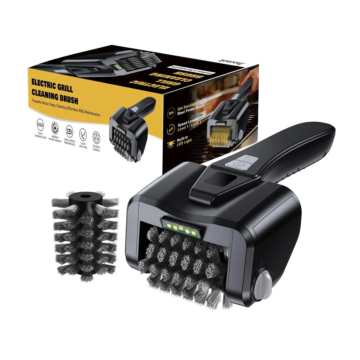 White cordless electric grill brush with stainless steel bristles and LED light