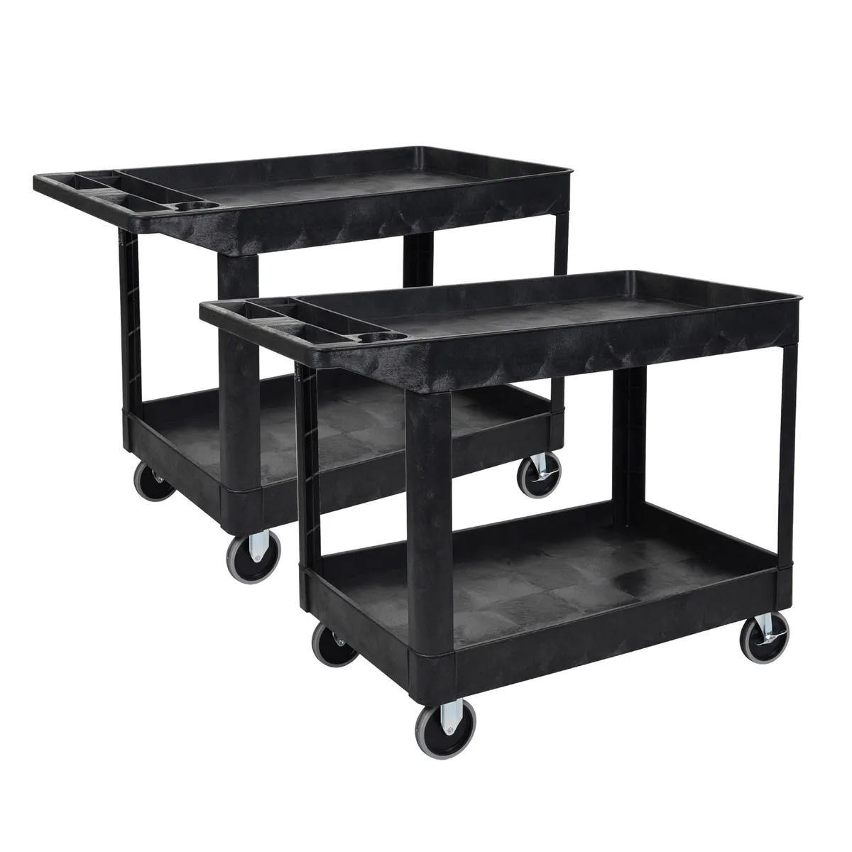 Two black utility carts, each with two deep HDPE shelves, four swivel casters and a push handle