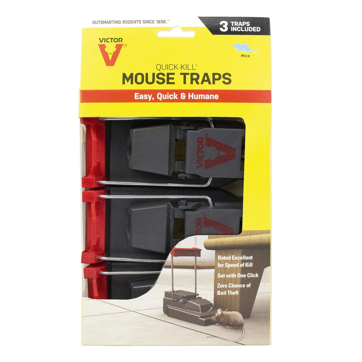 Three plastic snap traps with yellow bait covers and black kill bars