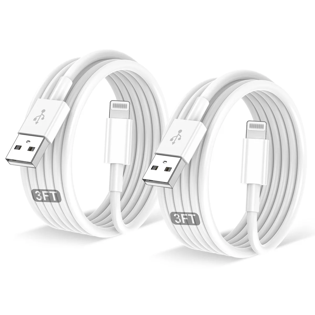 Two white Lightning cables with USB connectors, three feet long