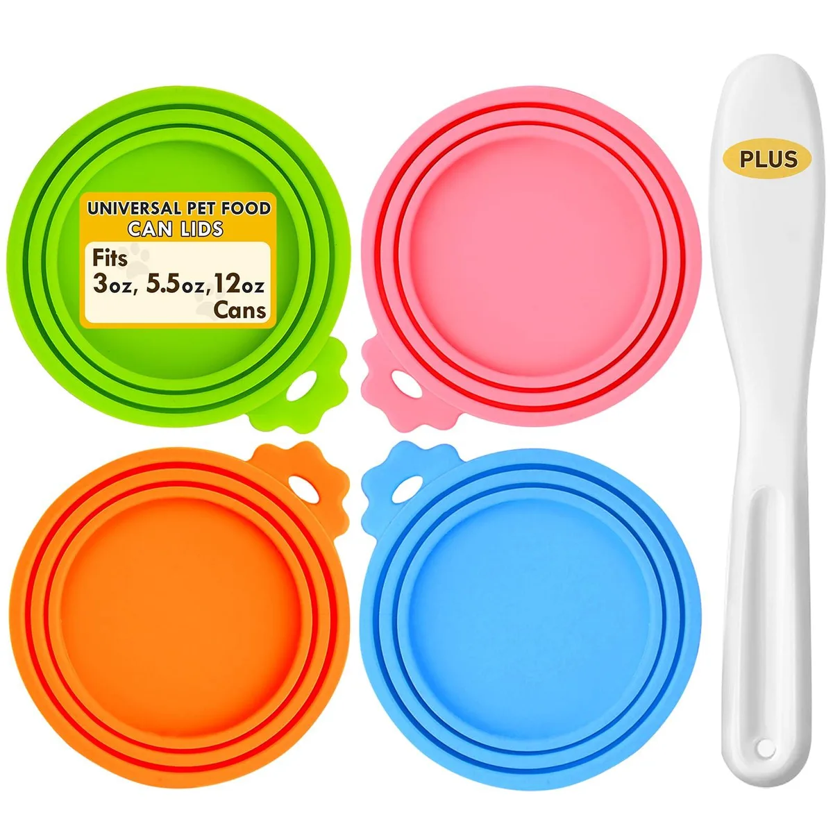 Four flexible silicone can covers in assorted colours with three stepped rings each