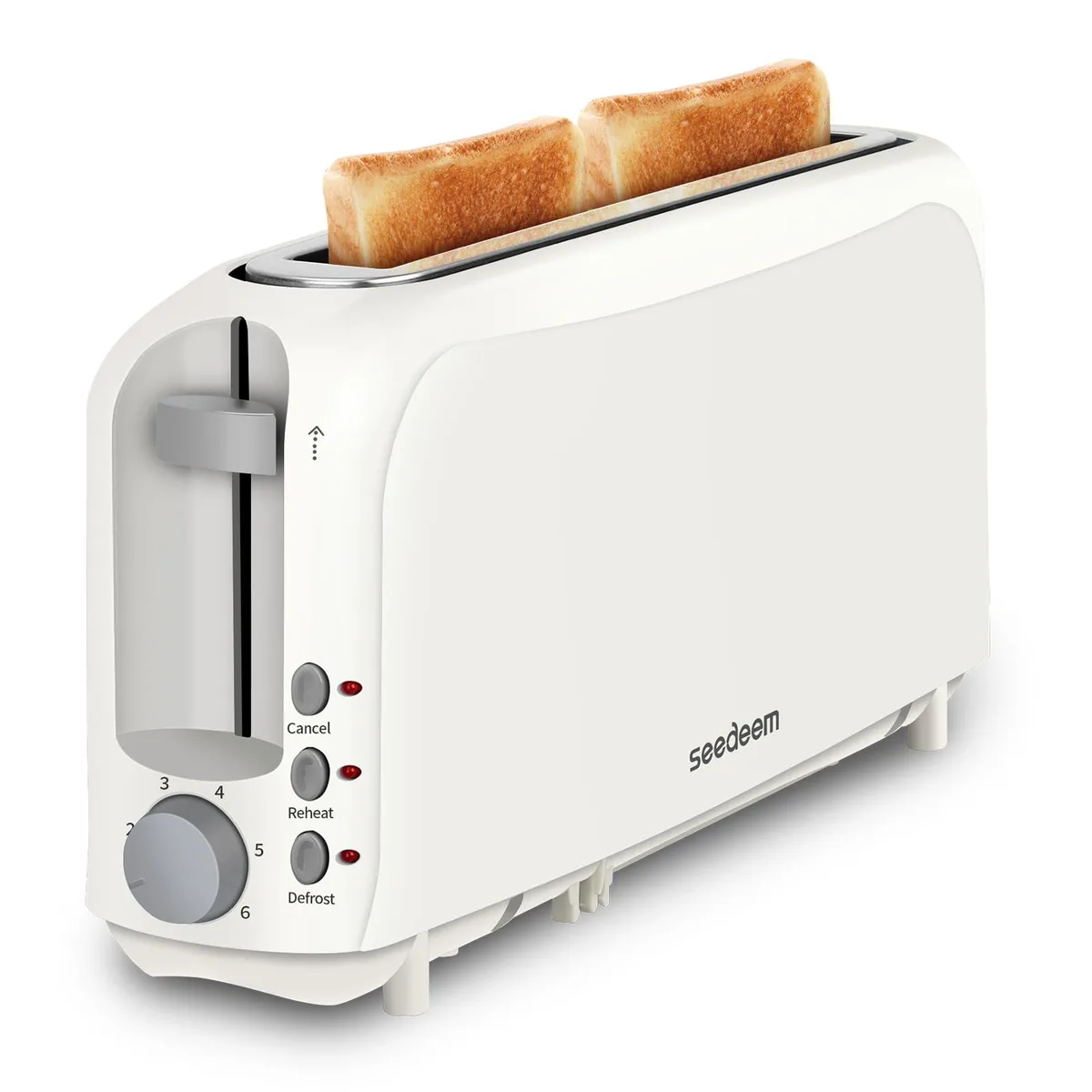 Purple slim two-slice toaster with single long slot and simple controls