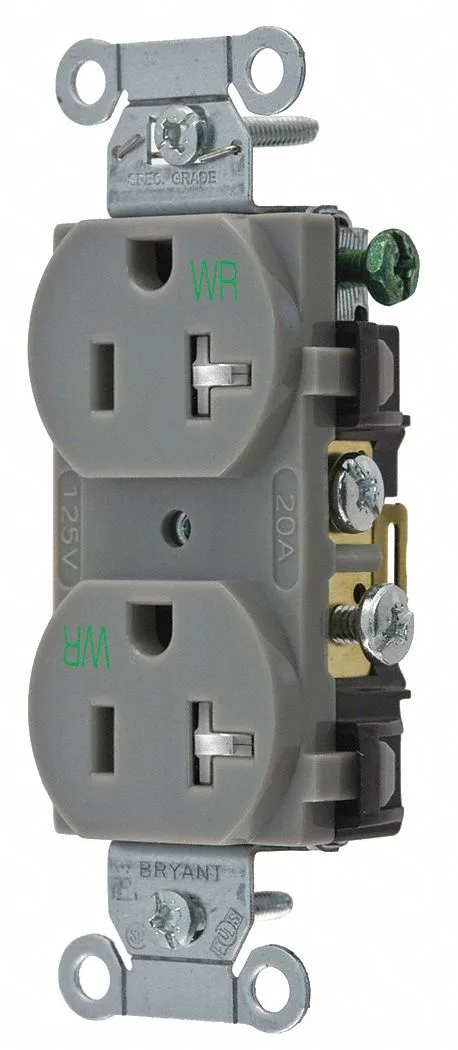 Gray nylon duplex receptacle with tamper-resistant shutters, flush-mount design, screw terminals
