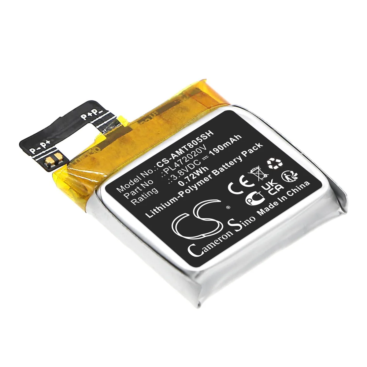 Small rectangular nickel-zinc battery with wire connector, 190mAh 3.80V