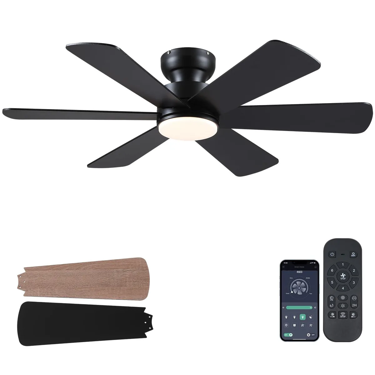  46 inch Ceiling Fan 6668V8503 Black 6 Blades 3CCT Flush Mount — product photo
