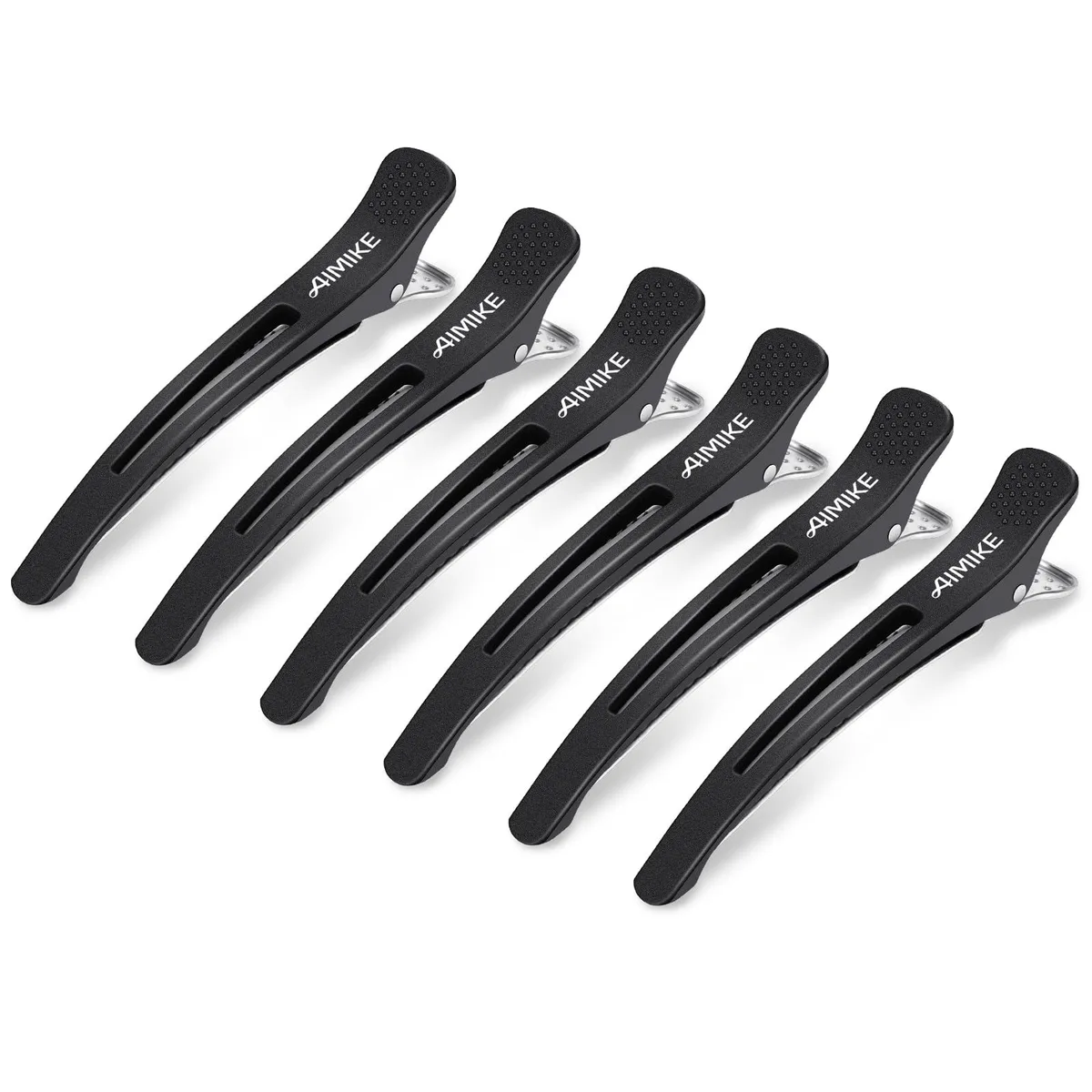 Six black duck-bill hair clips with silicone bands and metal springs
