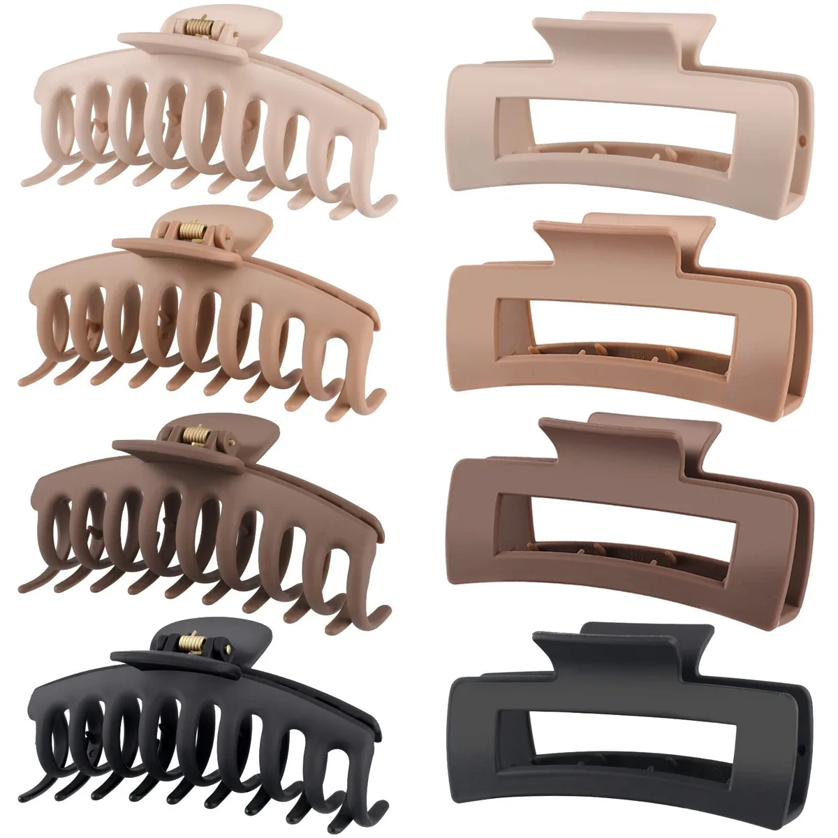 Eight large matte claw clips in neutral colours, open flat on a surface