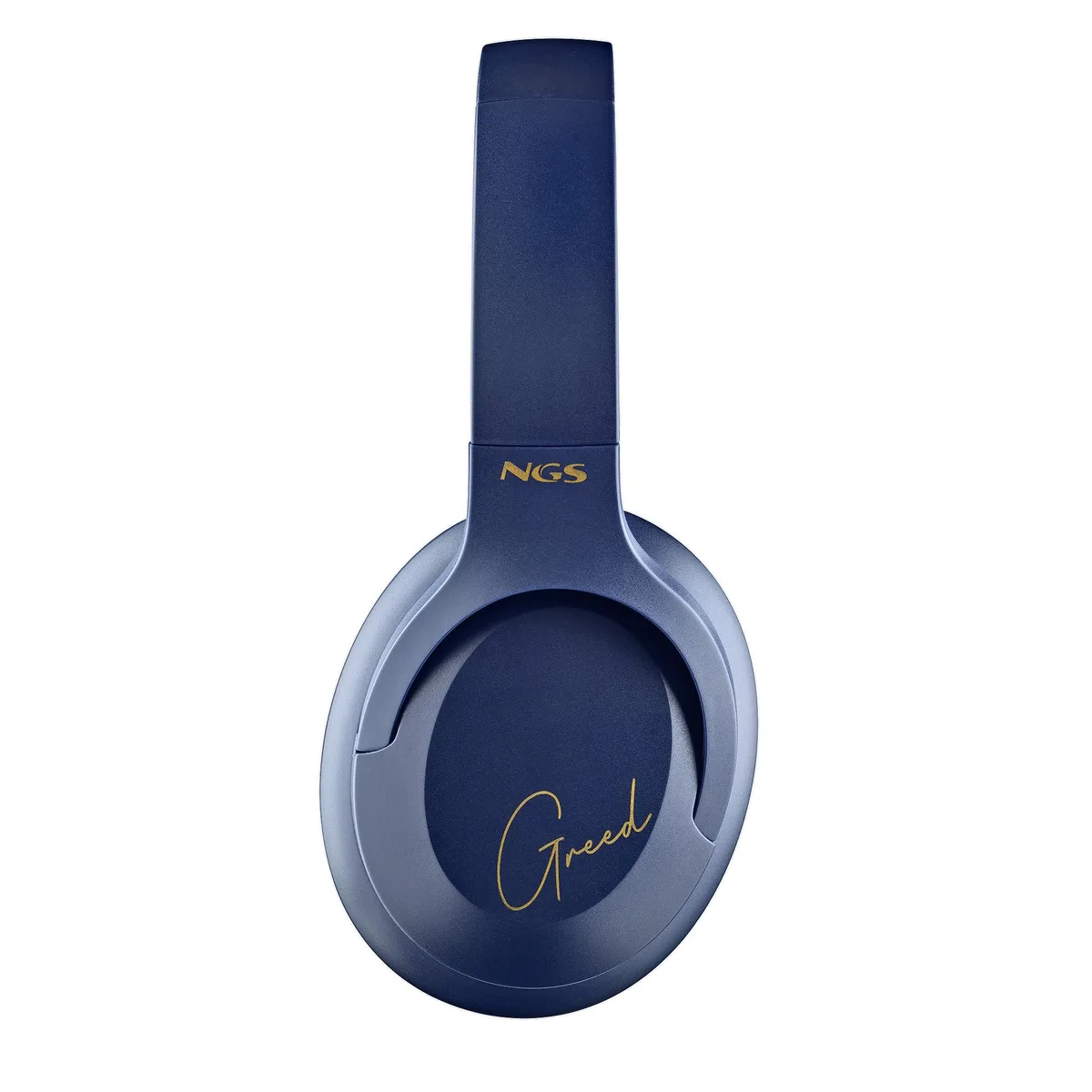 Blue over-ear wireless headphones with foldable headband and cushioned ear cups