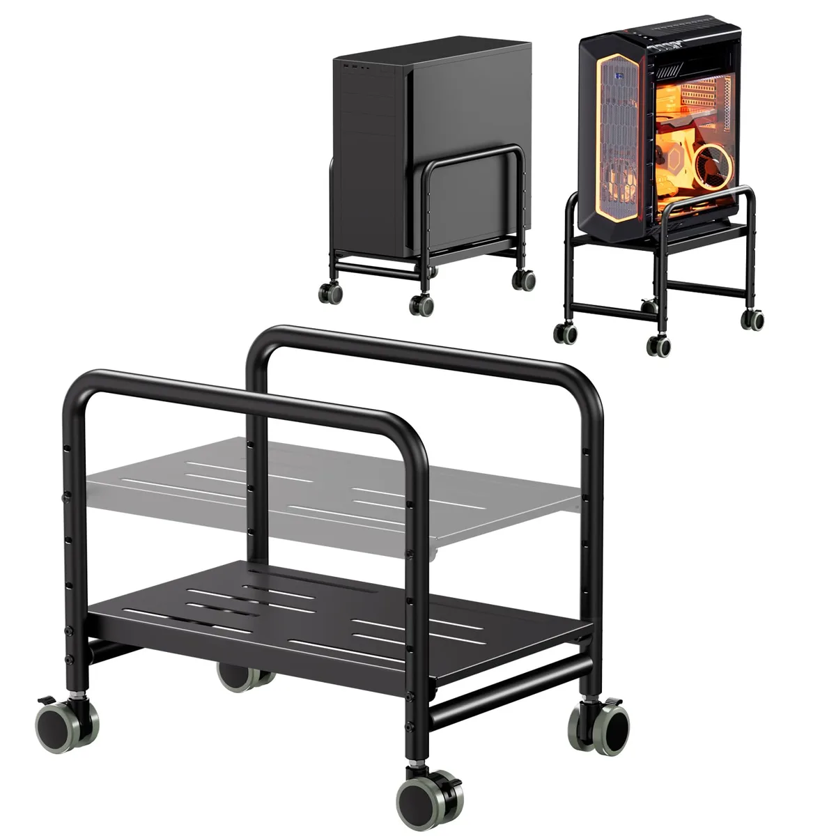 Black steel computer tower stand on four caster wheels, rectangular frame with side rails, height-adjustable width arms