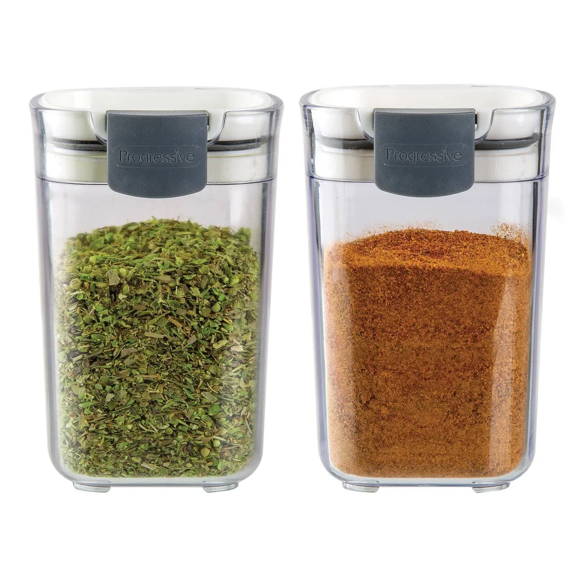 Two rectangular clear plastic spice jars with hinged lids and sliding pour grids