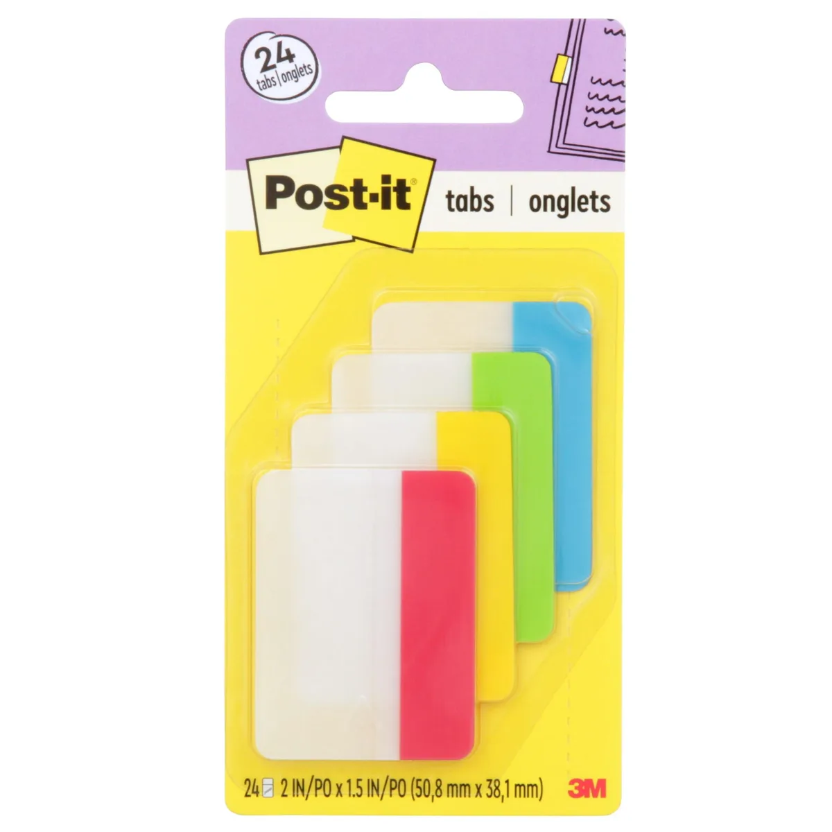 Four pads of small rectangular sticky tabs in red green blue and yellow on a white backing card