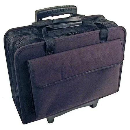Black nylon rolling tool bag with 50 pockets and extendable handle