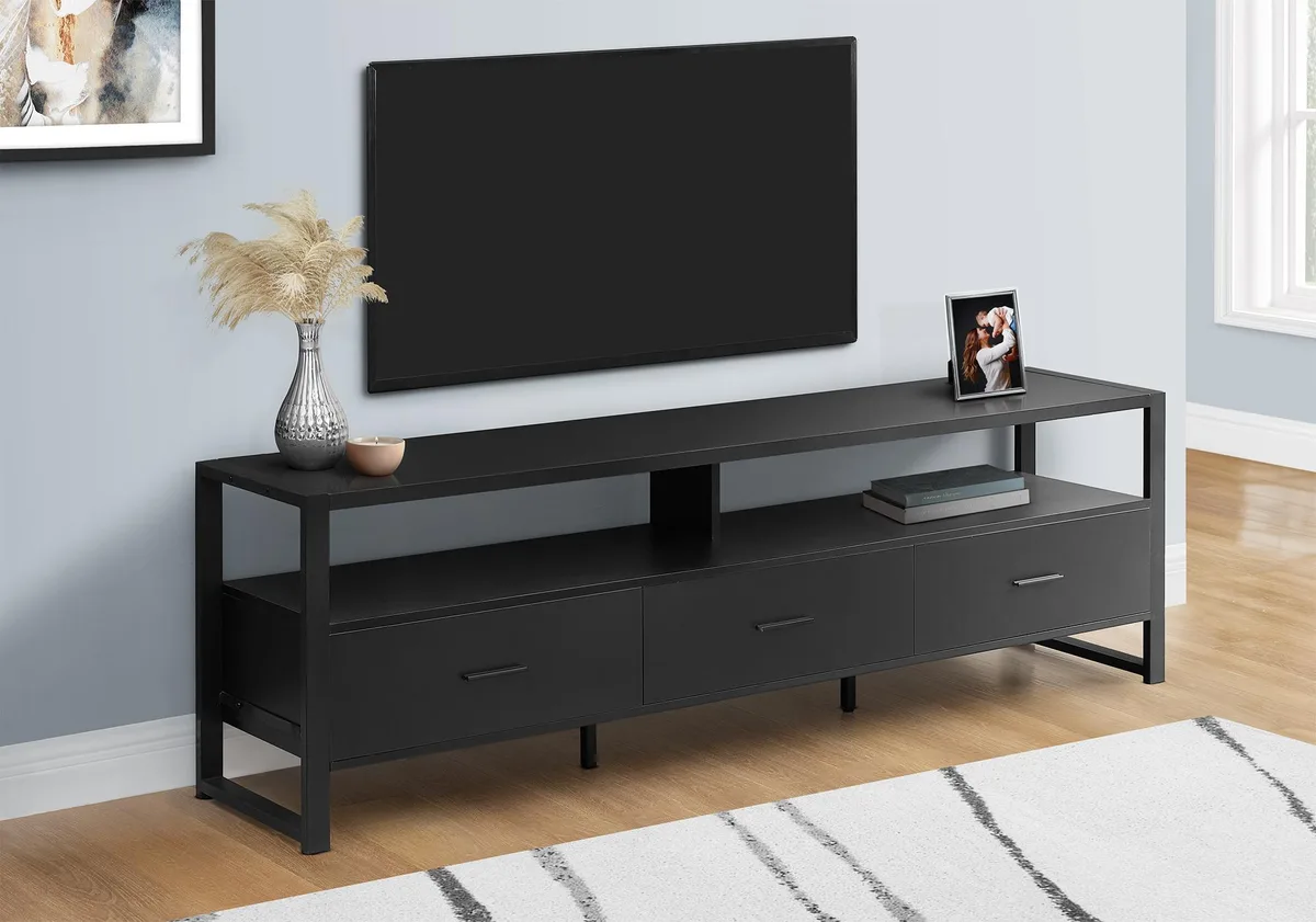 tuphen tuphen 72 Inch TV Stand Black Laminate Metal Legs 3 Drawers 2 Shelves — product photo