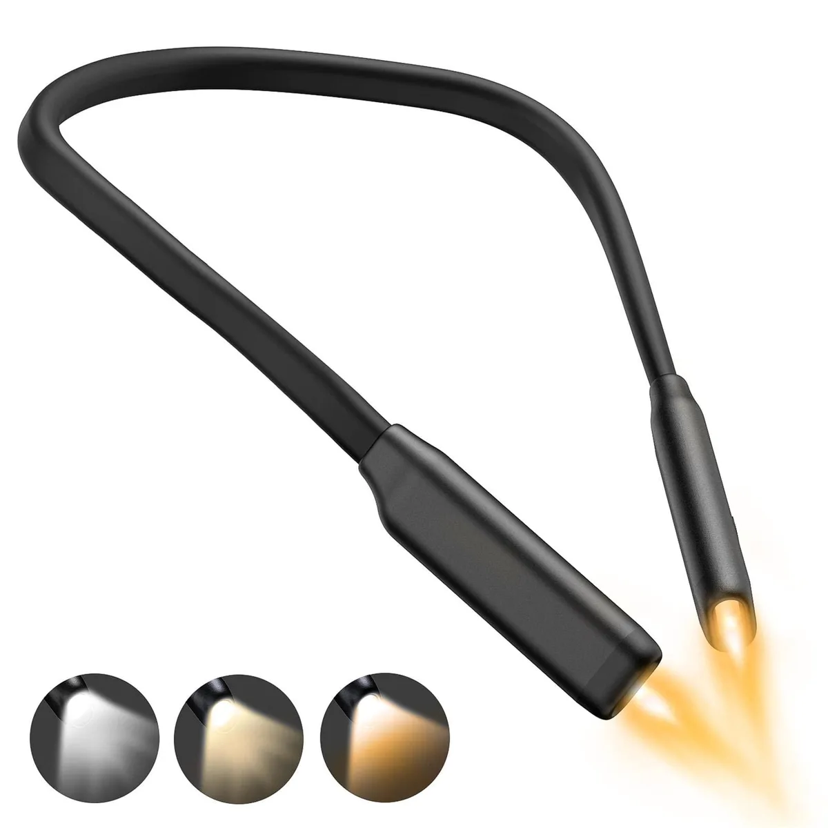 Black flexible LED neck reading light with two bendable arms, rechargeable battery, three color modes, stepless dimming, weighs .22lb