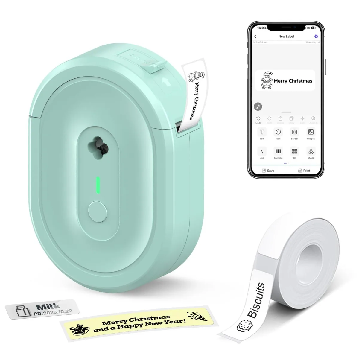 Compact green thermal label printer, pocket-sized rectangular shape with matte finish