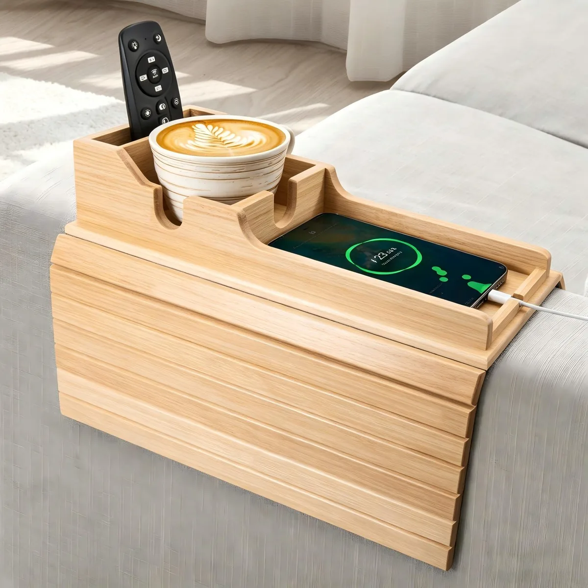 Bamboo couch armrest table with removable cup holder, natural finish