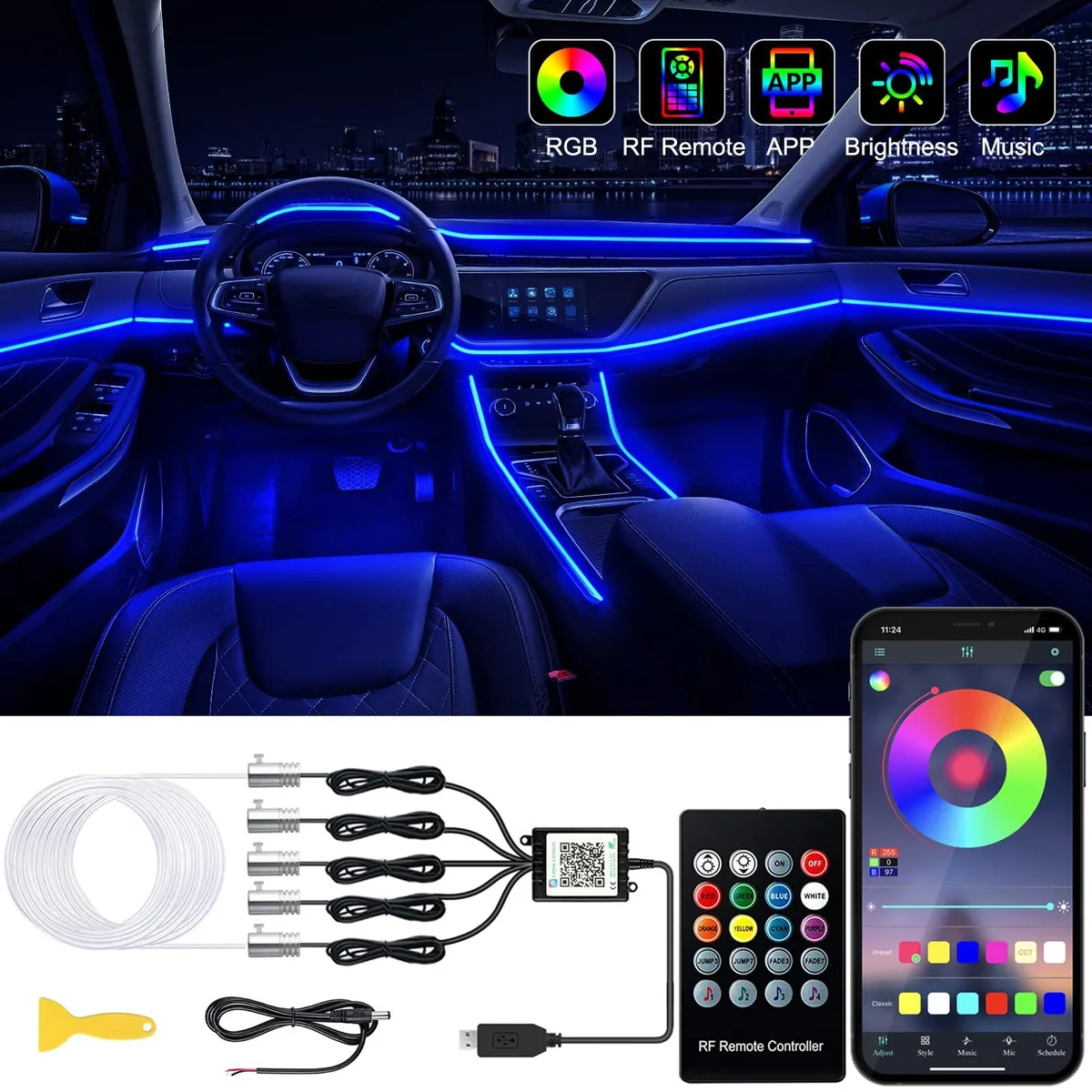 Jushope Interior Car LED Strip Lights 236 in 16M Colors 29 Modes App Remote — product photo