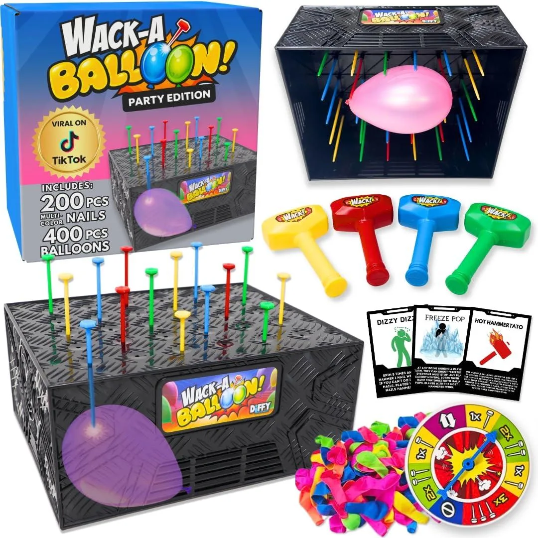 Boxed party game set with four coloured hammers, balloons, nails, cards, spinner and inflator