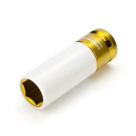 Gold anodized 19mm impact socket with protective sleeve and insert, 85mm long