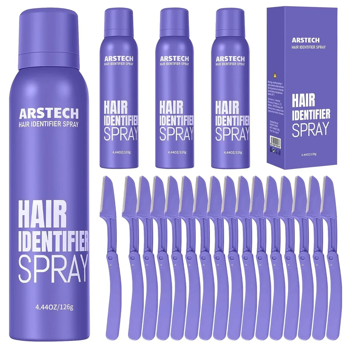 Purple metal spray can with sixteen dermaplane razors