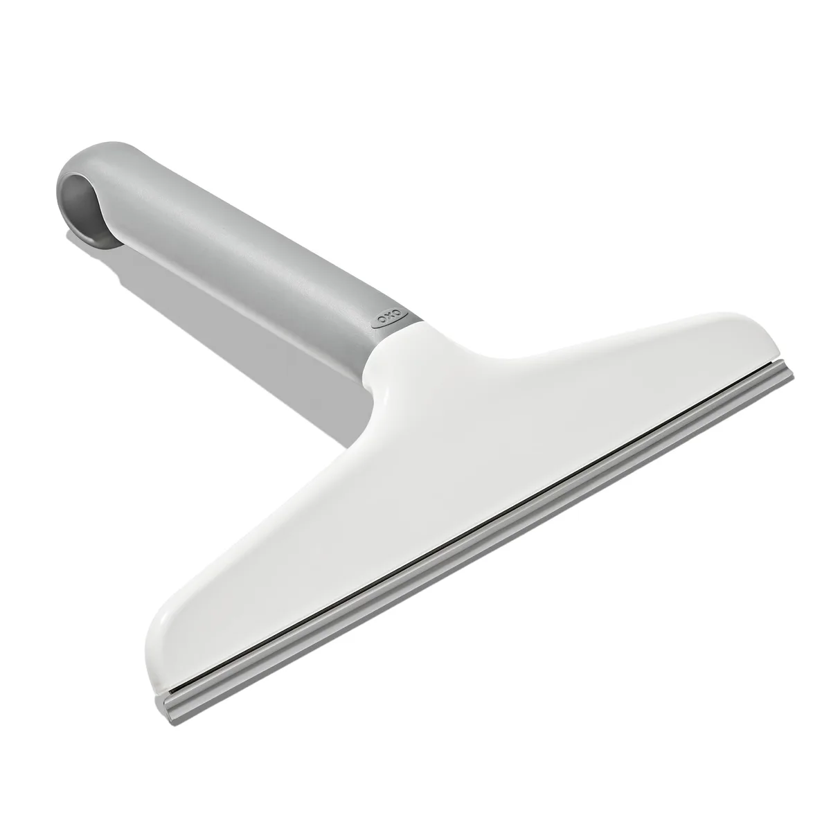 Gray OXO squeegee with 10-in silicone blade and hooked handle